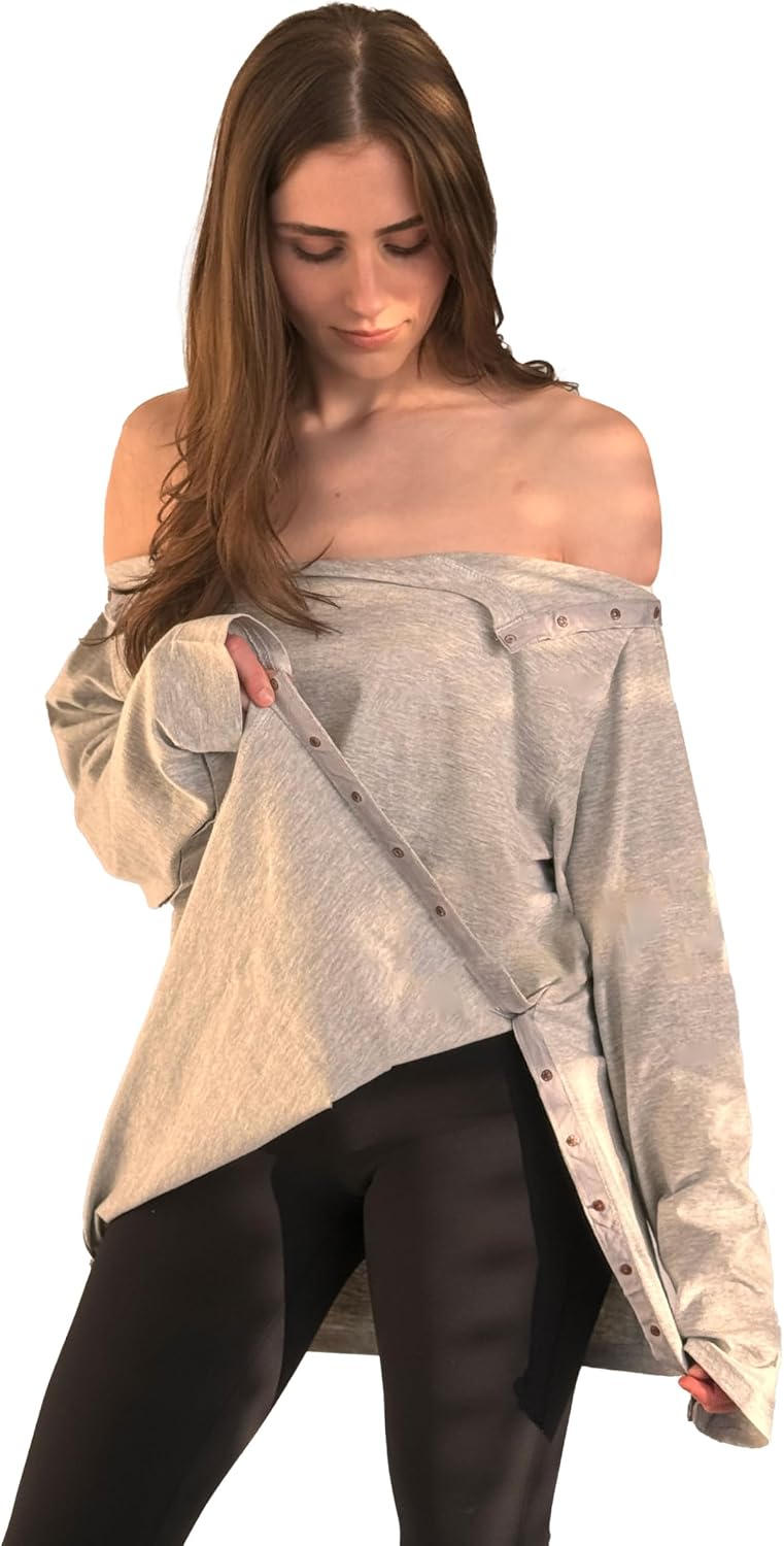 Post Surgery Tearaway Shirt, Snap Open Full Sleeve Recovery Top for Shoulder & Rotator Cuff, Soft Cotton Blend, Unisex