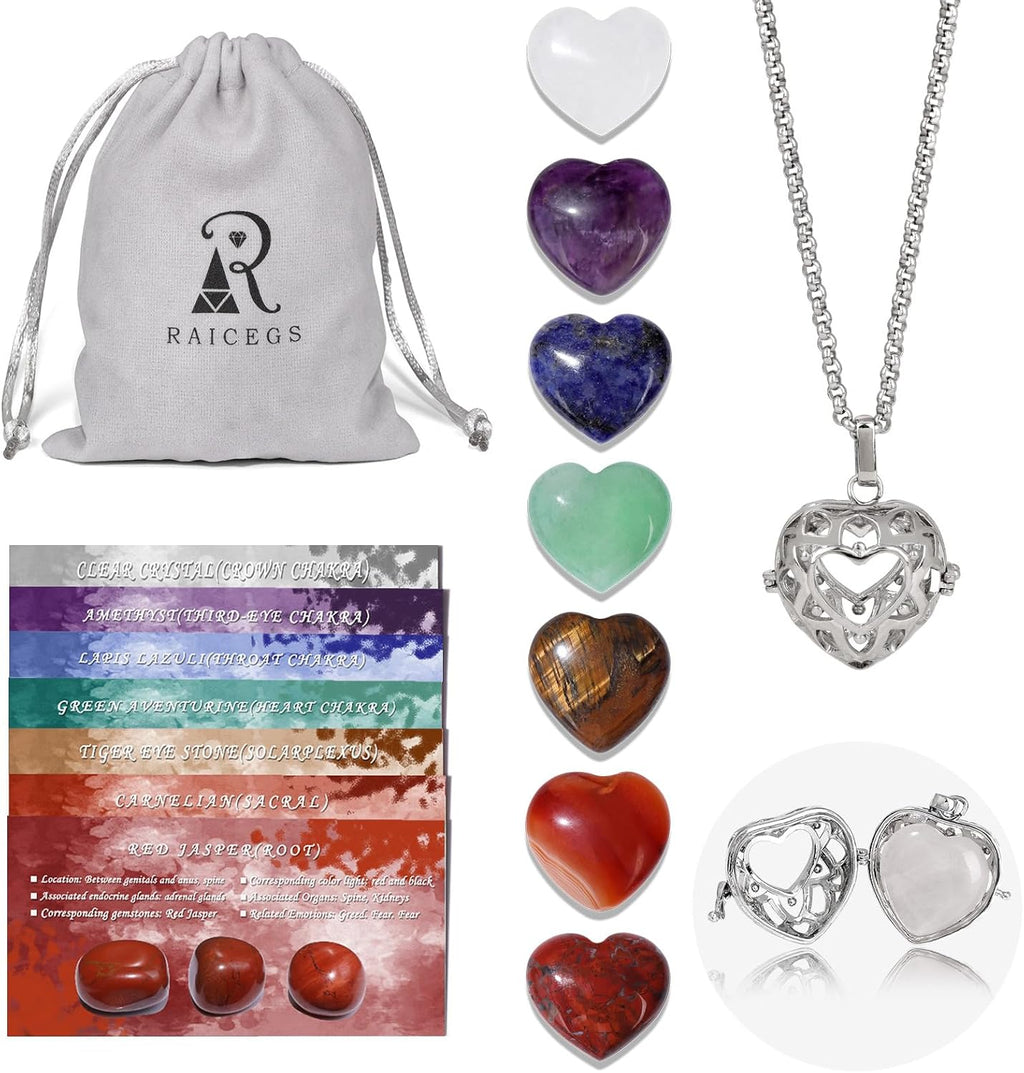 Raicegs Heart Shaped Crystals and Healing Stones 7 Chakra Crystal Necklace 0.8 inch Heart Gemstones Natural Stones Necklaces for Women Spiritual Gift for Women Teen