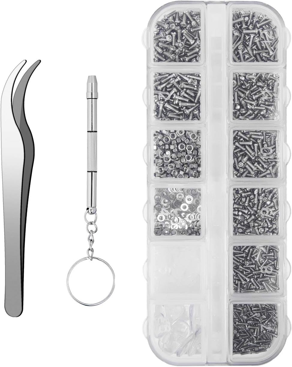1100Pcs Eyeglasses Repair Kit, Tiny Sunglasses Screws, Glasses Screws and 5 Pairs Nose Pads with Micro Screwdriver Tweezer for Watch Clock Spectacle Eye Glass Repair
