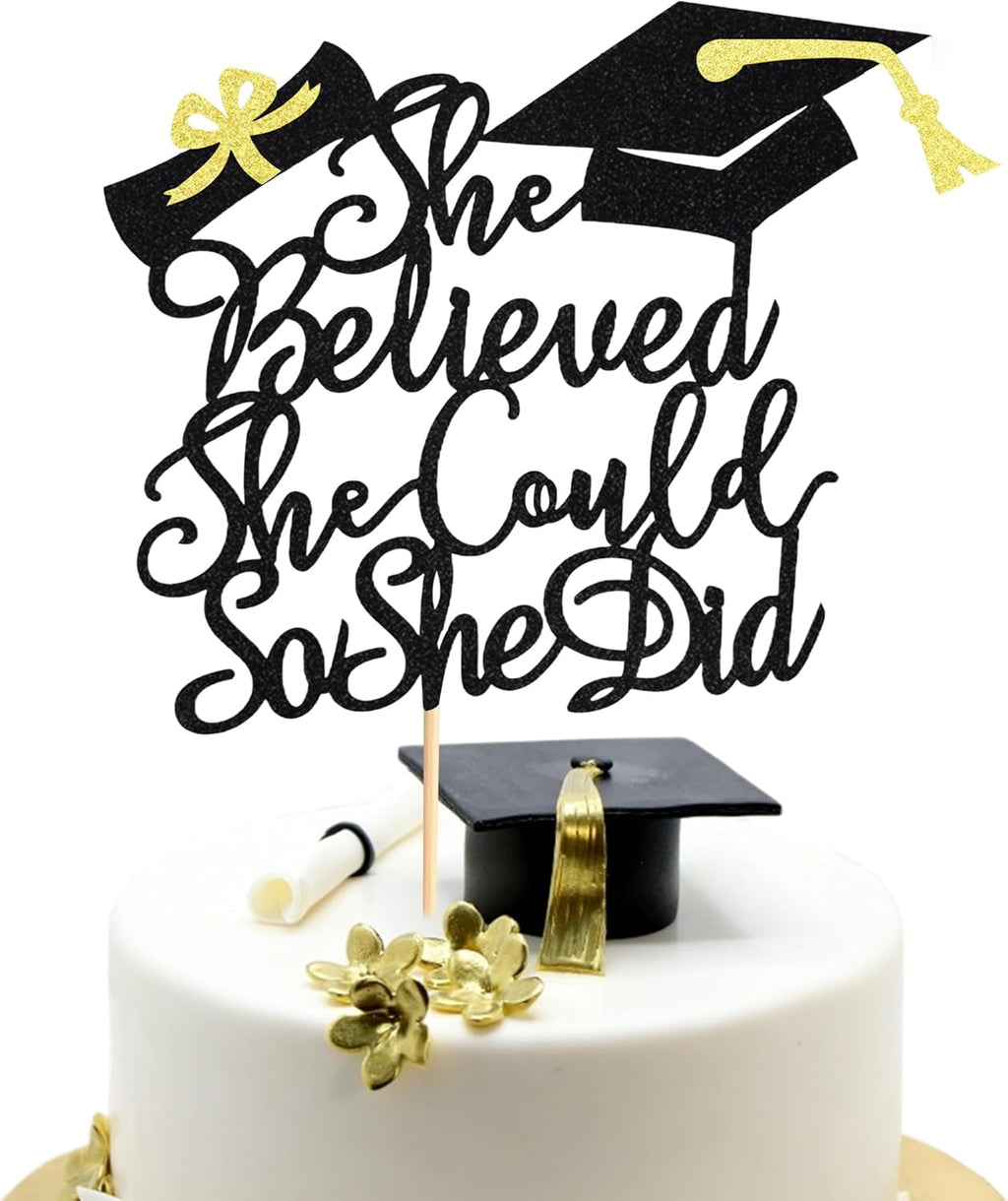 1Pc She Believed She Could So She Did Cake Topper, 2026 Graduation Cake Topper, Graduation Decorations for Girls, High School/College/University Graduation Decoration - Black Glitter