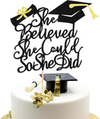 1Pc She Believed She Could So She Did Cake Topper, 2025 Graduation Cake Topper, Graduation Decorations for Girls, High School/College/University Graduation Decoration - Black Glitter