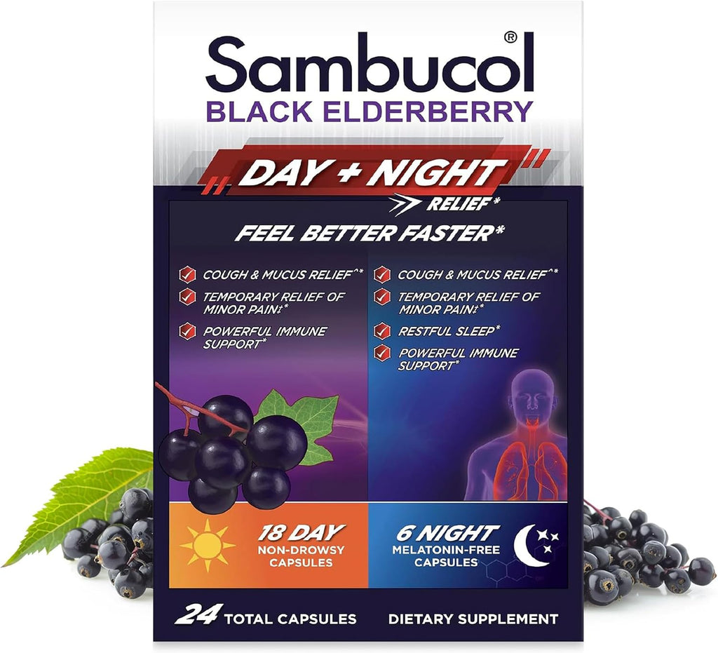 Sambucol Black Elderberry Day & Night Relief - Feel Better Faster, Non-Drowsy Daytime Relief for Men & Women, Restful Sleep for Adults, Melatonin-Free - 24 Capsules, 1 Pack