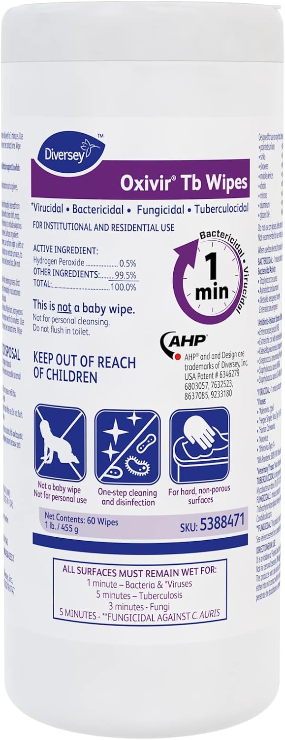 Oxivir Diversey Tb 5388471 Ready-to-Use Disinfectant Cleaning Wipes, Accelerated Hydrogen Peroxide, Large 7x8-Inch Sheets, 60-Wipes, 1-Slim Canister
