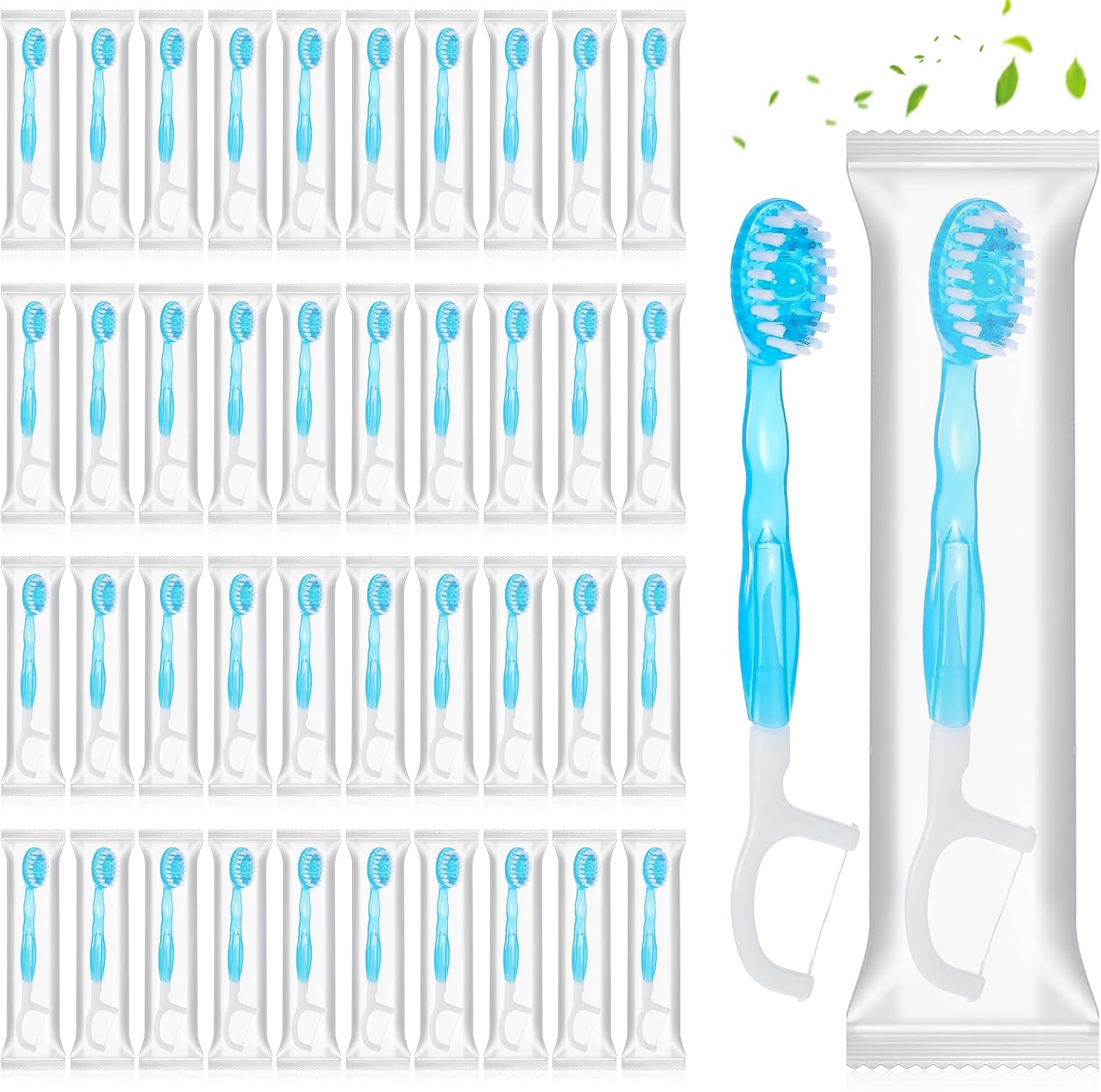 50 Pack Individually Wrapped Disposable Mini Travel Toothbrushes, 5 in 1 Pre-Pasted Toothbrush Brush+Floss+Pick+Tongue Scraper On The Go Portable Toothbrush with Freshening Bead, Coolmint