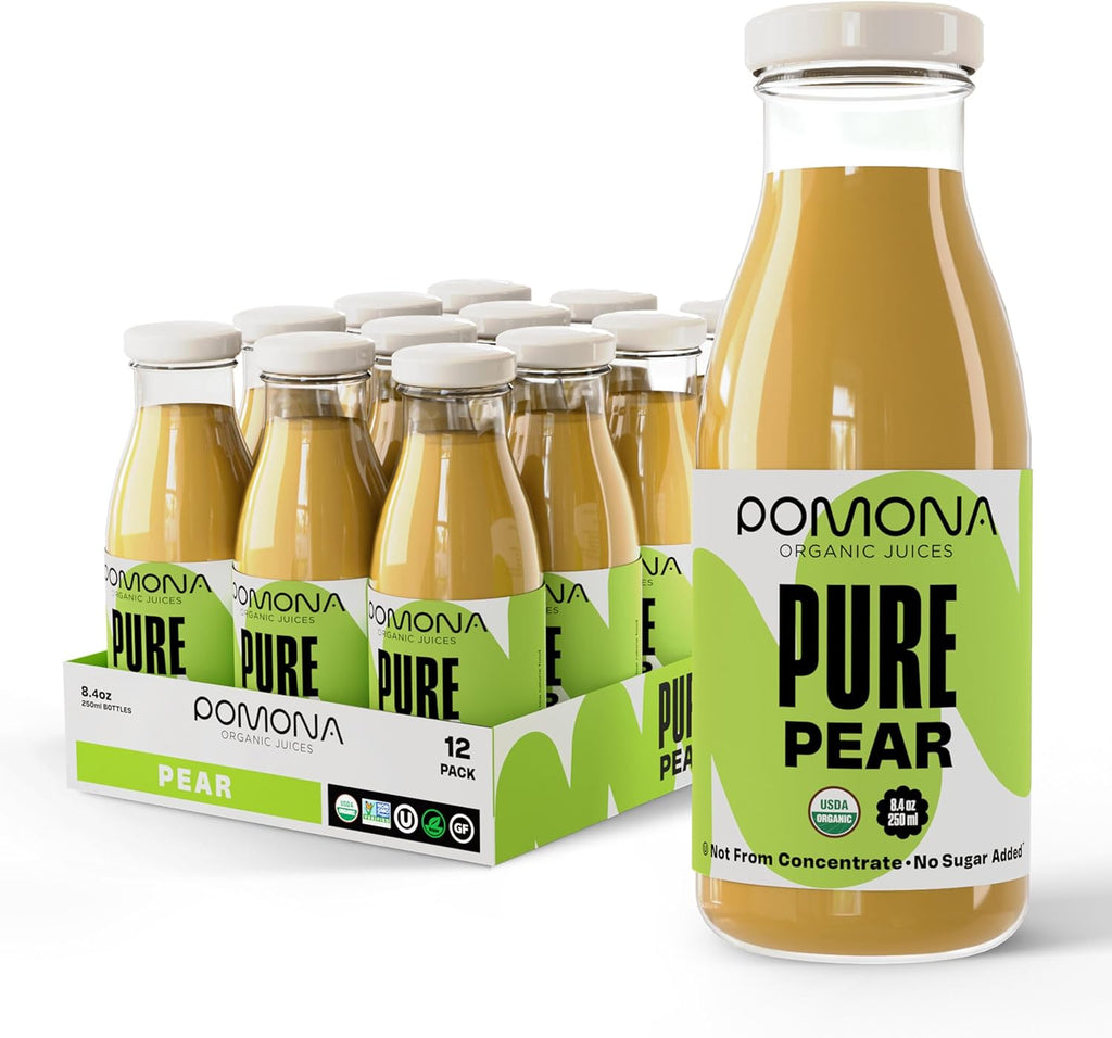 Pomona Organic Pear Juice, Cold Pressed USDA Organic Juices, Pears And Lemon Juice, No Added Sugar, Not From Concentrate, Vegan, Kosher, Non GMO, Pasteurized, 8.4 Oz Glass Bottles