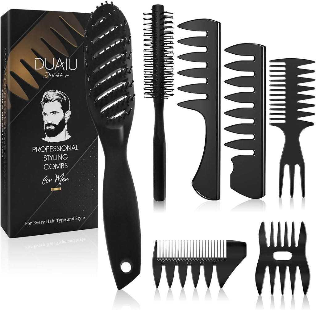 Hair Brush for Men, DUAIU 7Pcs Combs for Men, Hair Styling Comb Set with Vent Hair Brushes, Quiff Round Hair Brush, Wide Tooth Combs, Texture Comb for Blow Drying, Detangling, Grooming, Hairdressing