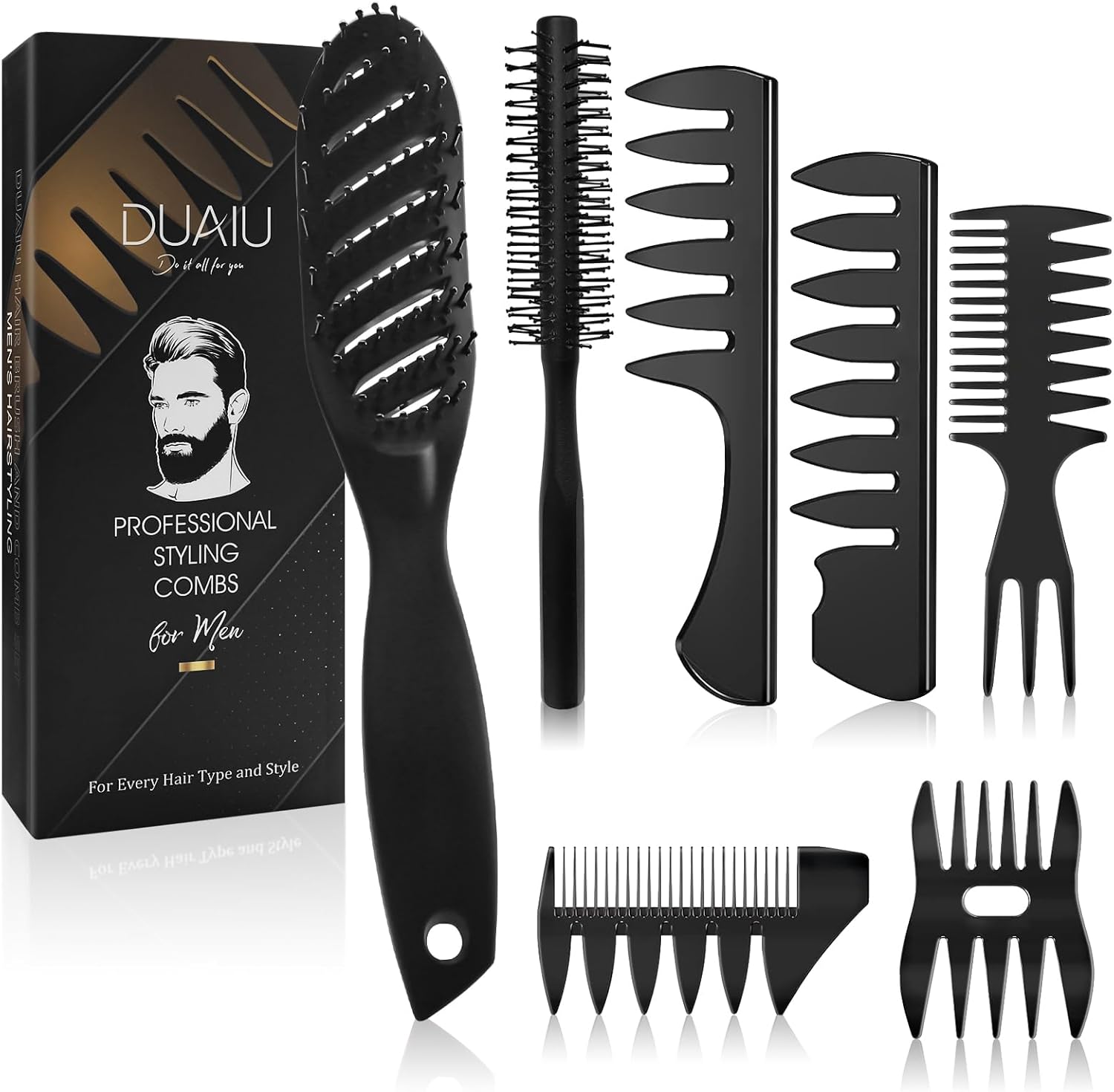 Hair Brush for Men, DUAIU 7Pcs Combs for Men, Hair Styling Comb Set with Vent Hair Brushes, Quiff Round Hair Brush, Wide Tooth Combs, Texture Comb for Blow Drying, Detangling, Grooming, Hairdressing