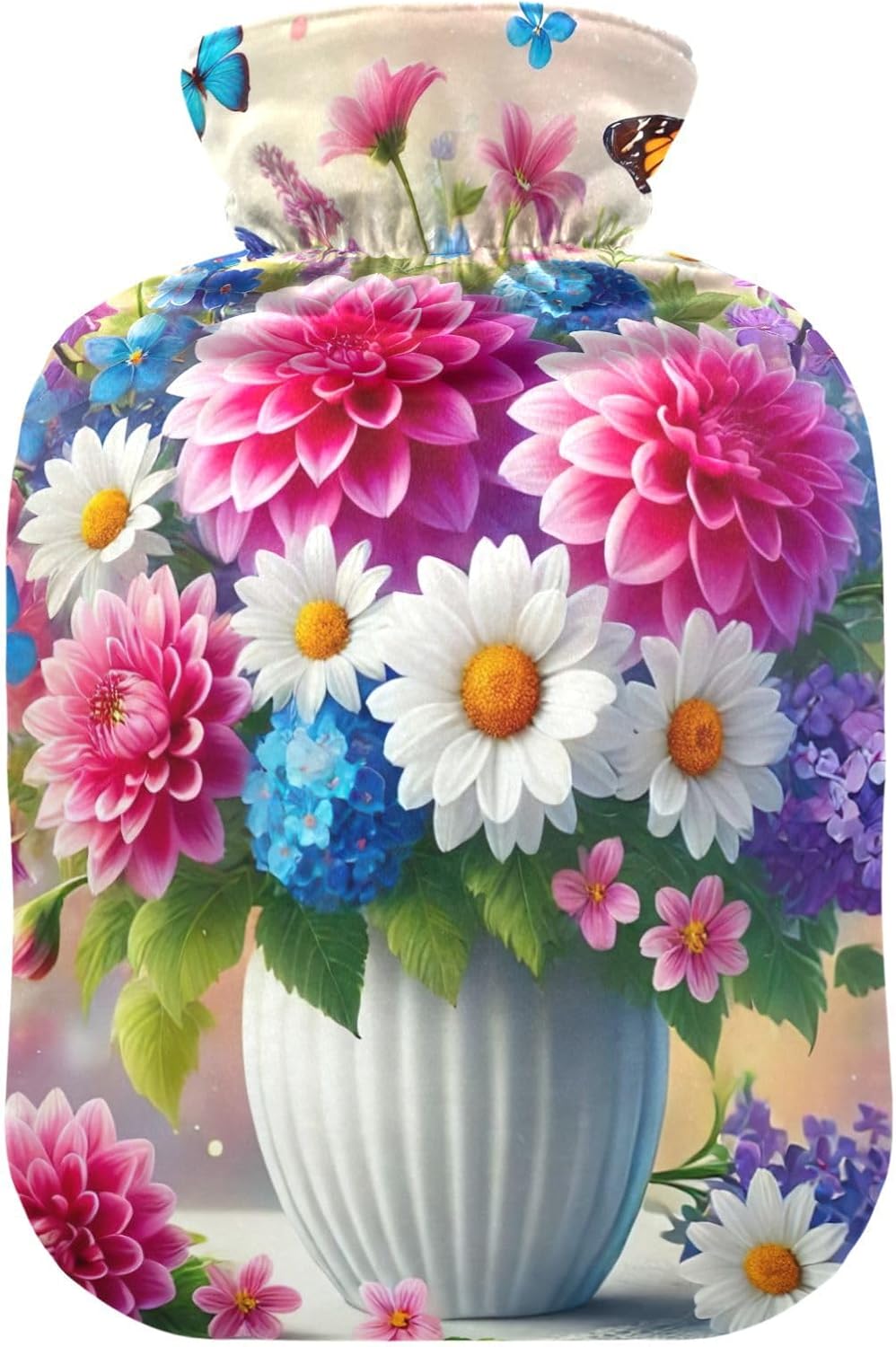 Butterfly Flowers Bouquet Hot Water Bottle with Soft Velvet Cover Warm Water Heat Bottles for Menstrual Cramps Pain Relief, 1L