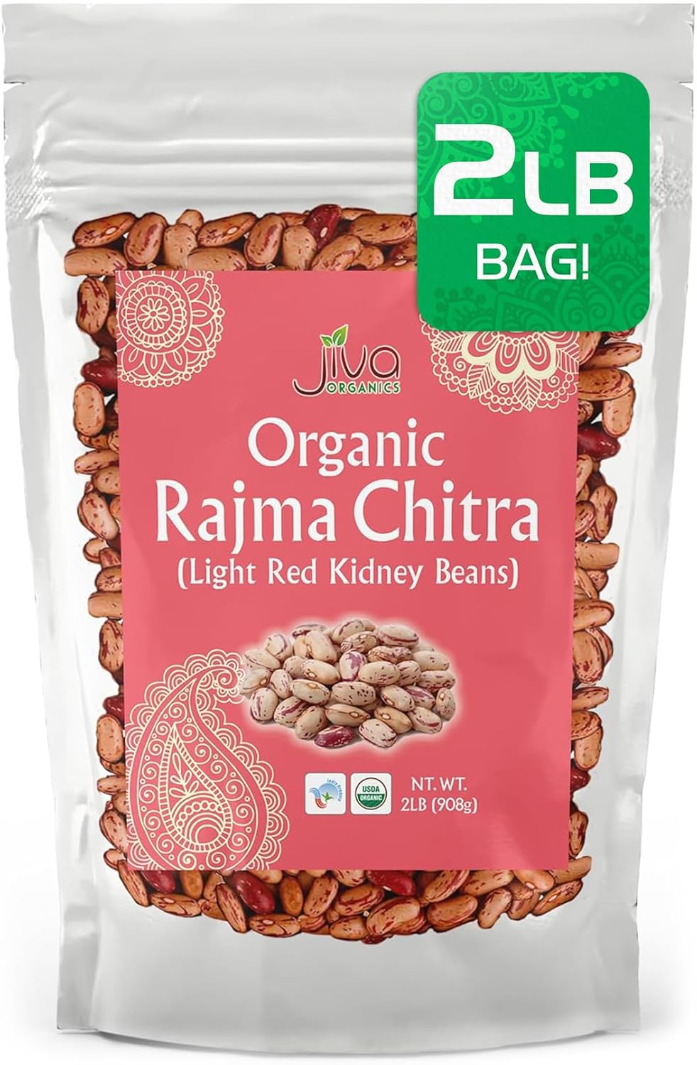 Jiva Organic Light Red Kidney Beans Speckled Whole (Rajma Chitra) 2 Pound Bag