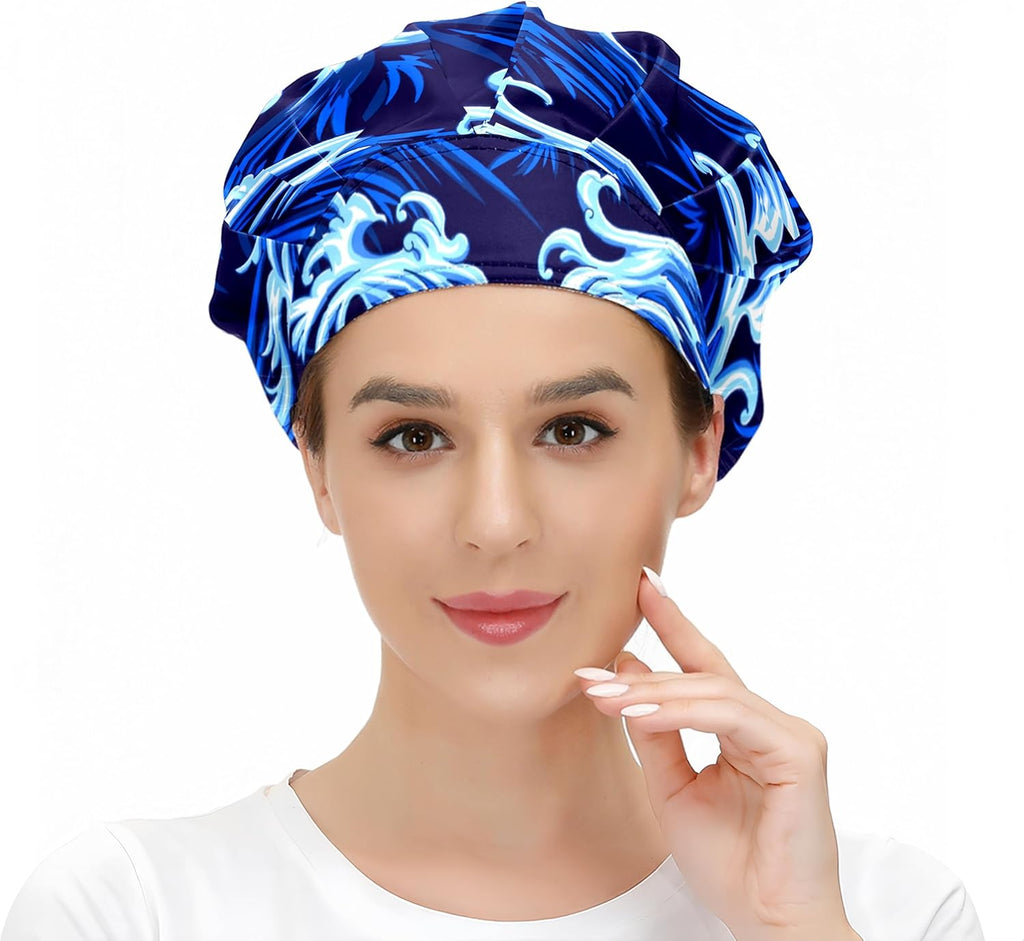 Working Cap with Button and Sweatband Adjustable Tie Back Bouffant Hats Printed Multi Color for Woman Man.Starry Sky