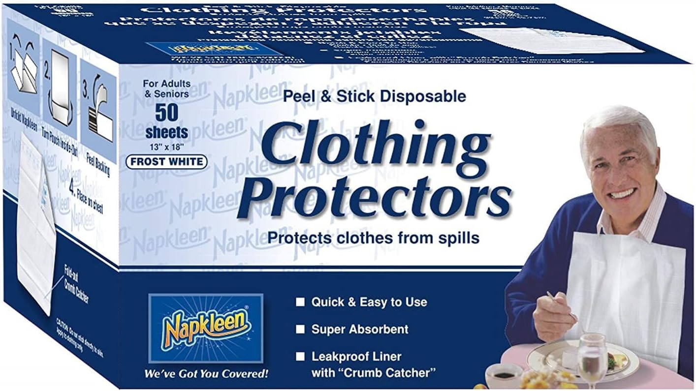 Napkleen Disposable Clothing Protectors/Bibs, Self-Adhesive, Size: Adult (13 x 18 Inch) Color: White - 1/Box of 50