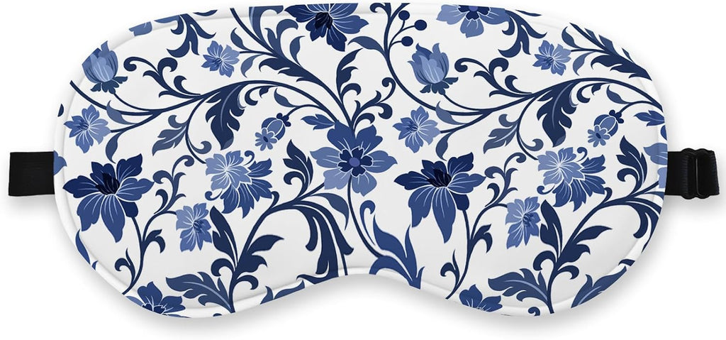 Blue and White Porcelain Silk Eye Mask for Sleeping, Adjustable Strap Night Sleep Mask for Women Girls, Airplane Travel Nap, Blue Flowers Sleeping Mask Eye Cover