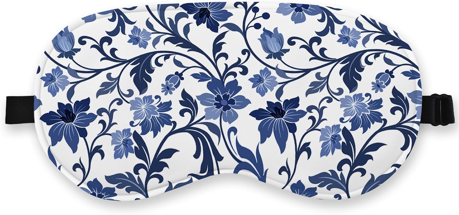Blue and White Porcelain Silk Eye Mask for Sleeping, Adjustable Strap Night Sleep Mask for Women Girls, Airplane Travel Nap, Blue Flowers Sleeping Mask Eye Cover