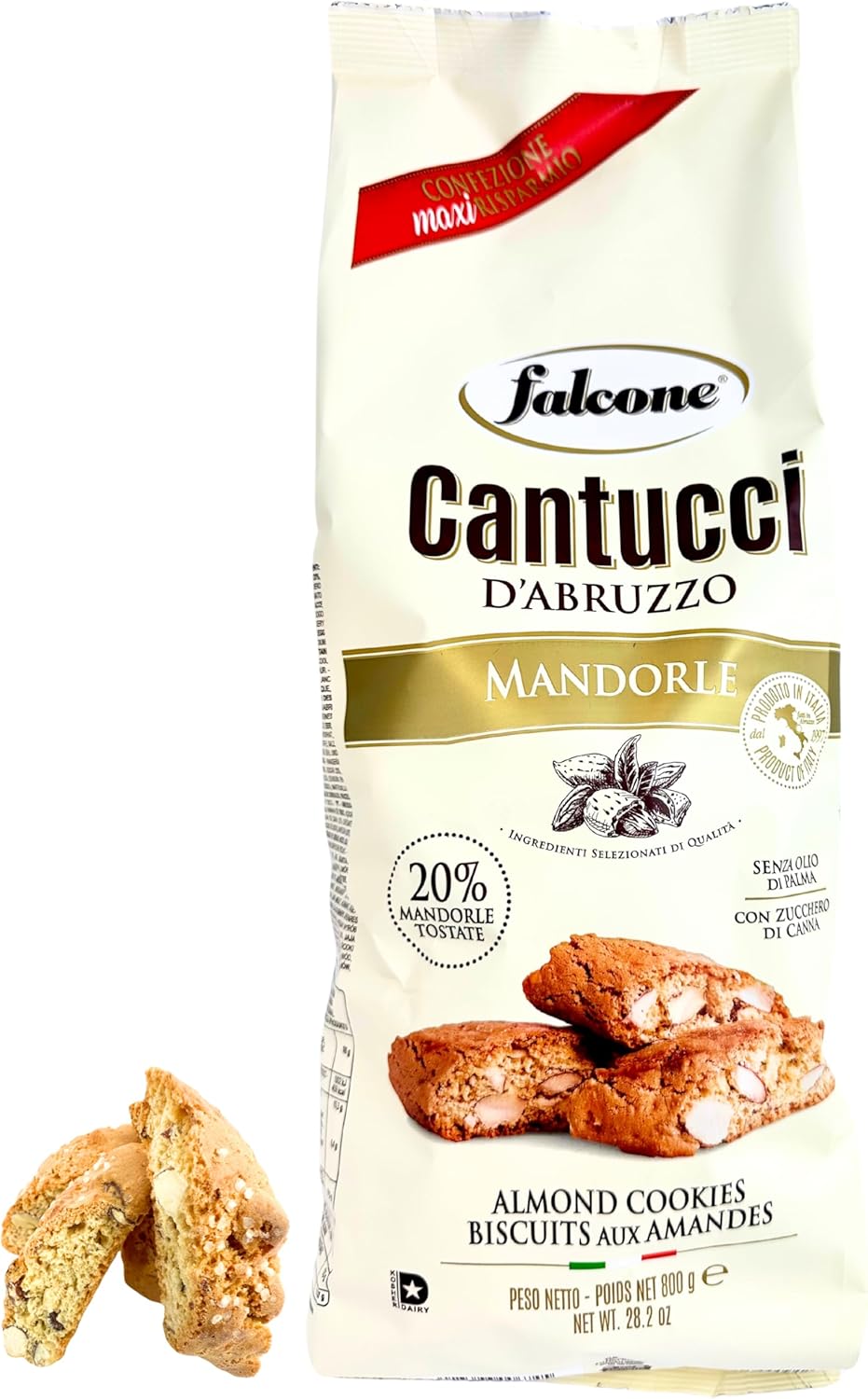 Falcone Cantucci D’Abruzzo Almond Biscotti 28.2 oz. (800g) Cantuccini alle Mandorle from Italy - Italian Cookies - Family Size Biscottini Bag - Crunchy, Traditional Italian Pastry - Italian Delicacies