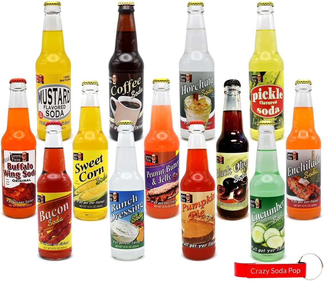 Generic Lester's Fixins Soda | 12 Pack of Unique, Weird, and Unusual Flavors of Food Soda Pop with Real Cane Sugar | 12 oz Glass Bottles in a Mixed 12 Pack Sampler with Crazy Soda Pop Bottle Opener