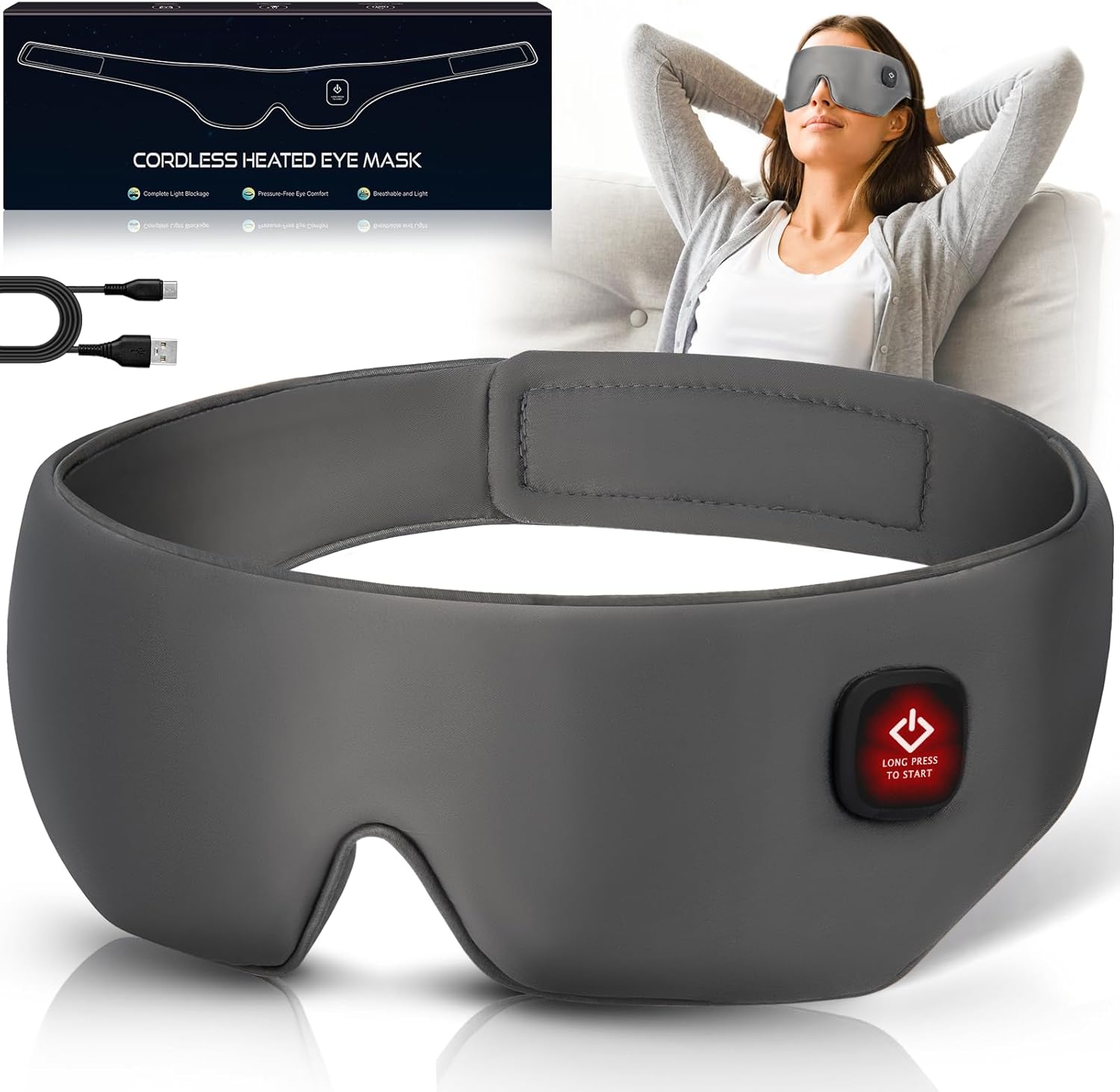 Silk Cordless Heated Eye Mask, Washable Sleep Mask Warm Compress Mask Soft Pressure Free Shade Blindfold Electric Eye Heating Pad for Blepharitis Sinus Stye Gifts for Men Women (Grey)