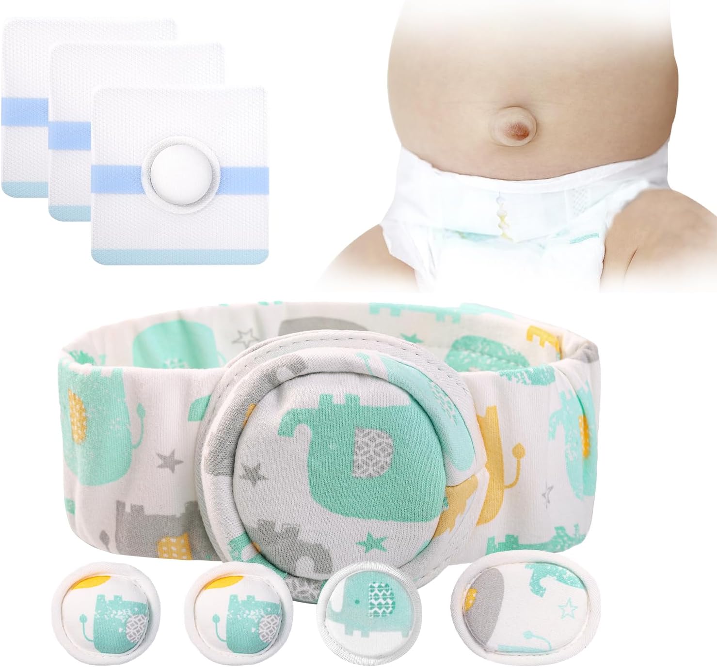 Umbilical Hernia Belt Kit for Baby, Baby Belly Button Band, Hernia Belt with 4 Compression Pads and 3 Navel Patches, Infant Abdominal Binder Set, Umbilical Cord Cover for Newborn(S Pattern Green)