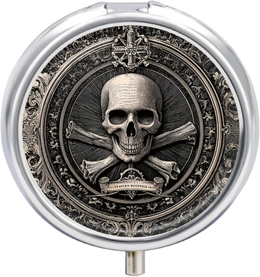 Pill Box-3 Compartment Small Pill Case, Portable Round Pill Box for Pocket or Purse, Decorative Metal Medicine Vitamin Organizer. (Skull)