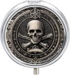 Pill Box-3 Compartment Small Pill Case, Portable Round Pill Box for Pocket or Purse, Decorative Metal Medicine Vitamin Organizer. (Skull)