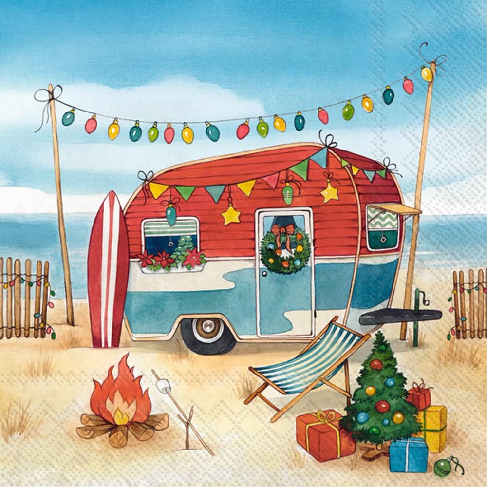 IHR Ideal Home Range Cocktail Napkins Winter Holiday Christmas 3-Ply Paper Napkins, 20-Count, 5" x 5", Camping At The Sea