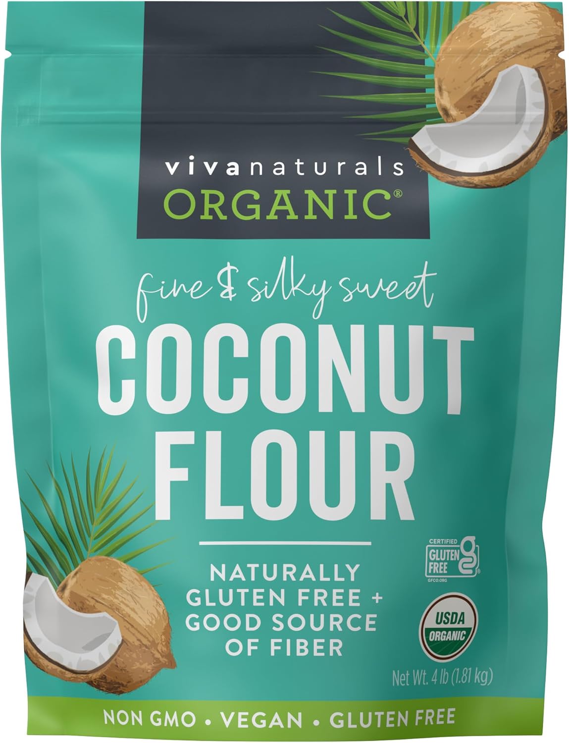 Viva Naturals Organic Coconut Flour, 4 lbs (1.81 kg) – Gluten Free Flour for Keto, Paleo & Vegan Baking, Good Source of Fiber, Low Fat, Non-GMO, Unbleached & Unrefined