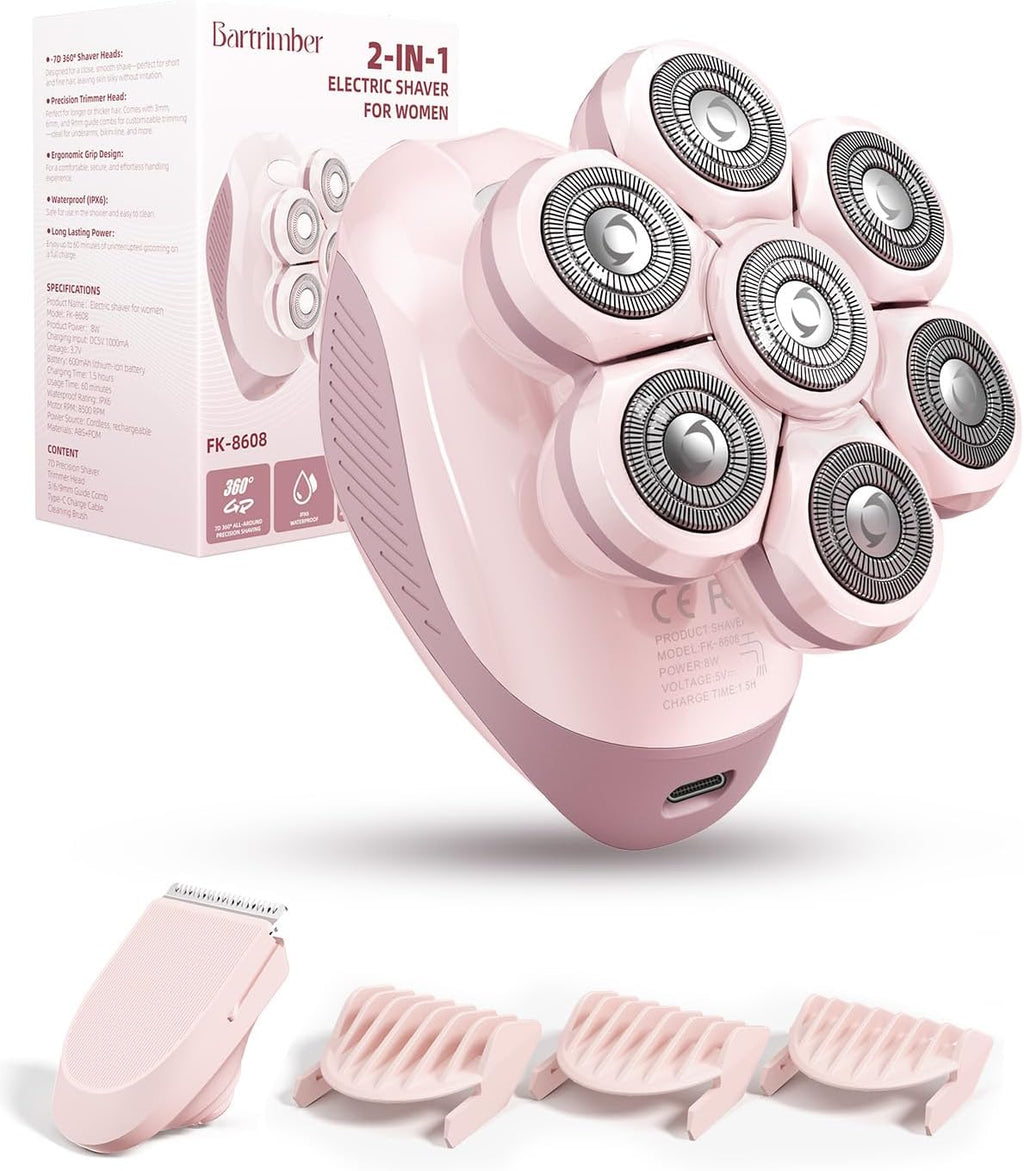 7D Electric Razors for Women: 2-in-1 Electric Shaver Trimmer for Ladies Flawless Legs & Full Body & Bikini - Waterproof Wet Dry Shaver w/LED Light & Travel Cap - Birthday Gifts for Wife Her