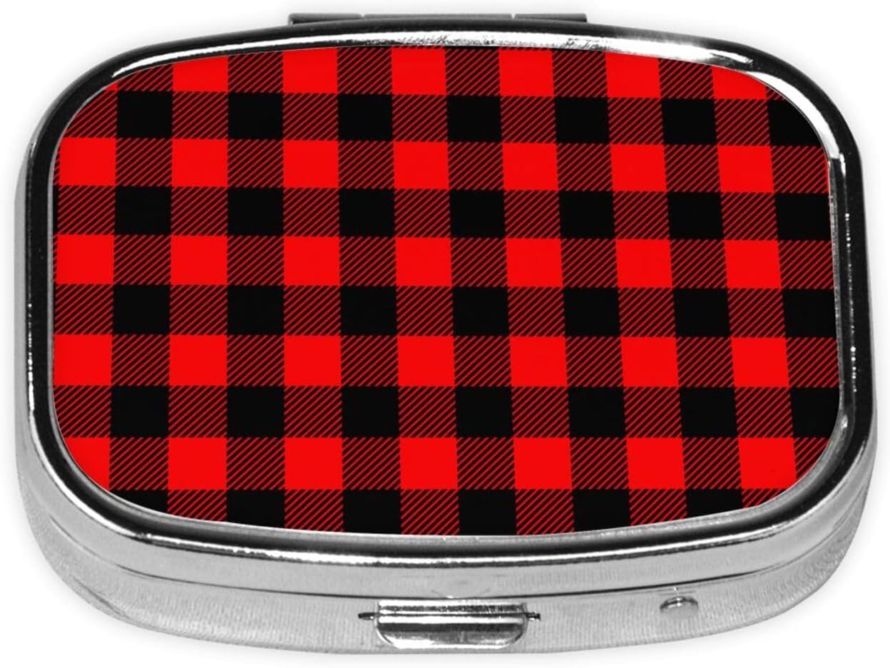Pill Box 2 Compartment Medicine Pill Case,Portable Medicine Tablet Vitamin Holder Organizer for Purse Pocket Travel Gifts(1 Pack,Red Black Buffalo Checkered Plaid)