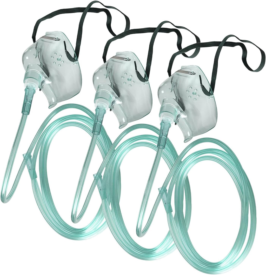 3 Pack Oxygen Mask for Face Adult with 7 Ft Tube, Oxygen Mask with Adjustable Elastic Strap - Adult Standard L,Green