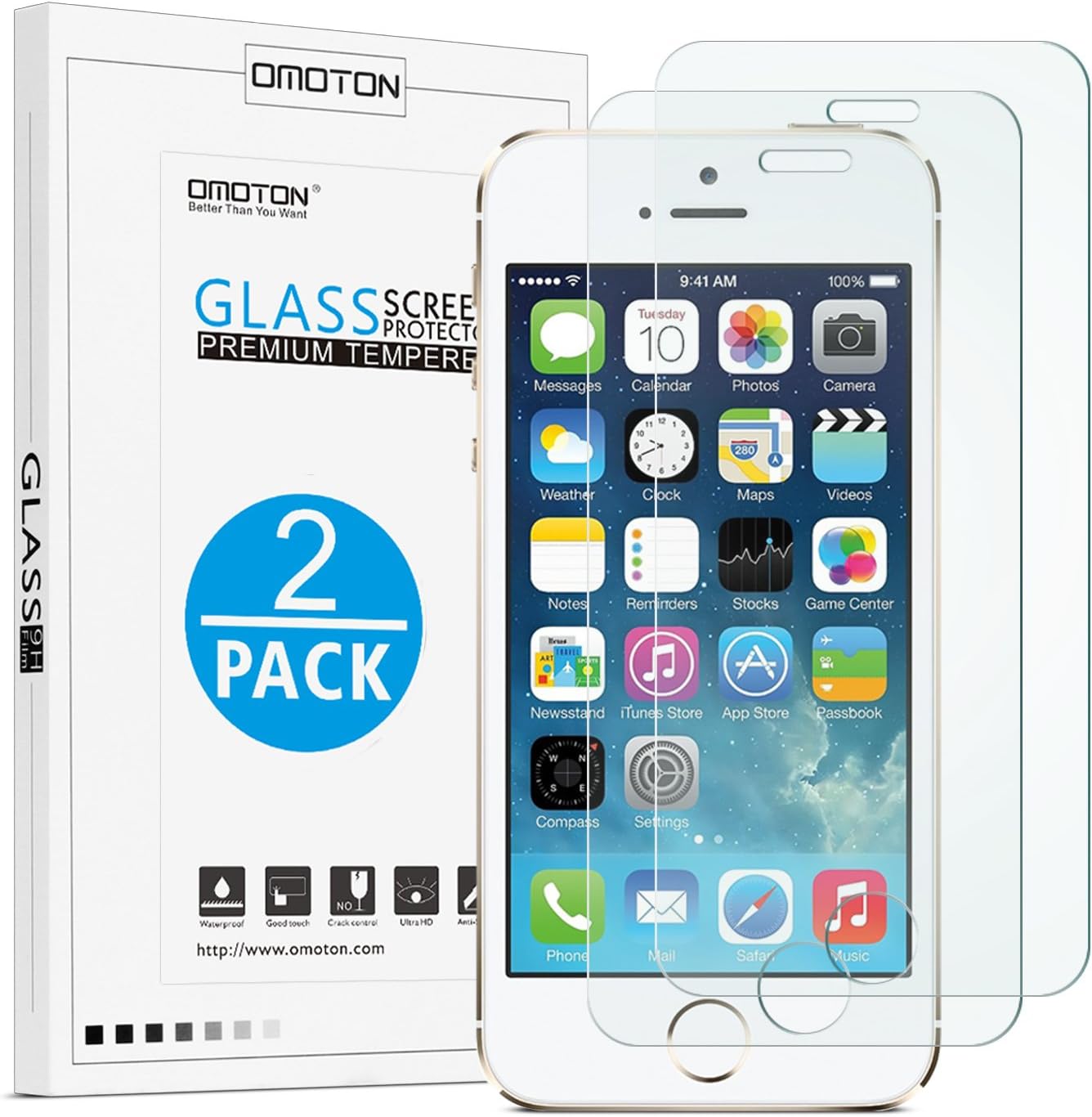 OMOTON 2.5D Round Edge 9H Tempered Glass Anti-Scratch Screen Protector for iPhone SE/ 5S/ 5C/ 5 - Clear (2 Pack)