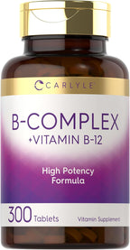Carlyle B-Complex Vitamin with B12 | 300 Tablets | High Potency Formula | Vegetarian and Non-GMO Supplement