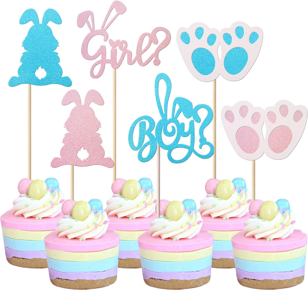 Rsstarxi 24 Pack Rabbit Easter Day Cupcake Toppers Boy or Girl Cupcake Toppers Glitter Pink or Blue Bunny Cupcake Picks for Easter Day Gender Reveal Theme Baby Shower Birthday Party Cake Decorations