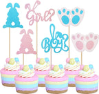 Rsstarxi 24 Pack Rabbit Easter Day Cupcake Toppers Boy or Girl Cupcake Toppers Glitter Pink or Blue Bunny Cupcake Picks for Easter Day Gender Reveal Theme Baby Shower Birthday Party Cake Decorations