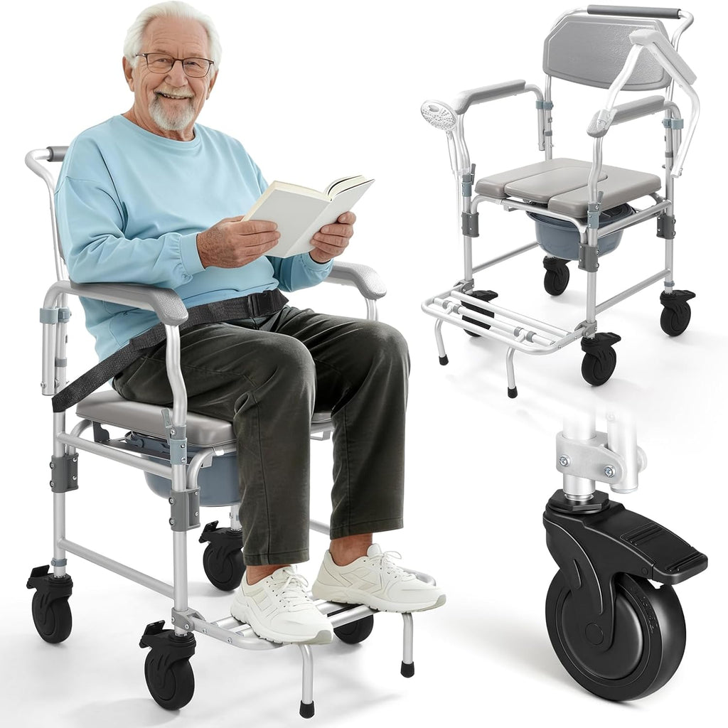 Shower Chair with Wheels, Bedside Commode Wheelchair with Flip-up Armrest, 330lbs Heavy Duty Rolling Bath Chair for Handicap, Elderly & Injured, 5" Enlarged Casters & Safety Straps