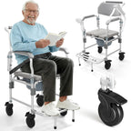 Shower Chair with Wheels, Bedside Commode Wheelchair with Flip-up Armrest, 330lbs Heavy Duty Rolling Bath Chair for Handicap, Elderly & Injured, 5" Enlarged Casters & Safety Straps