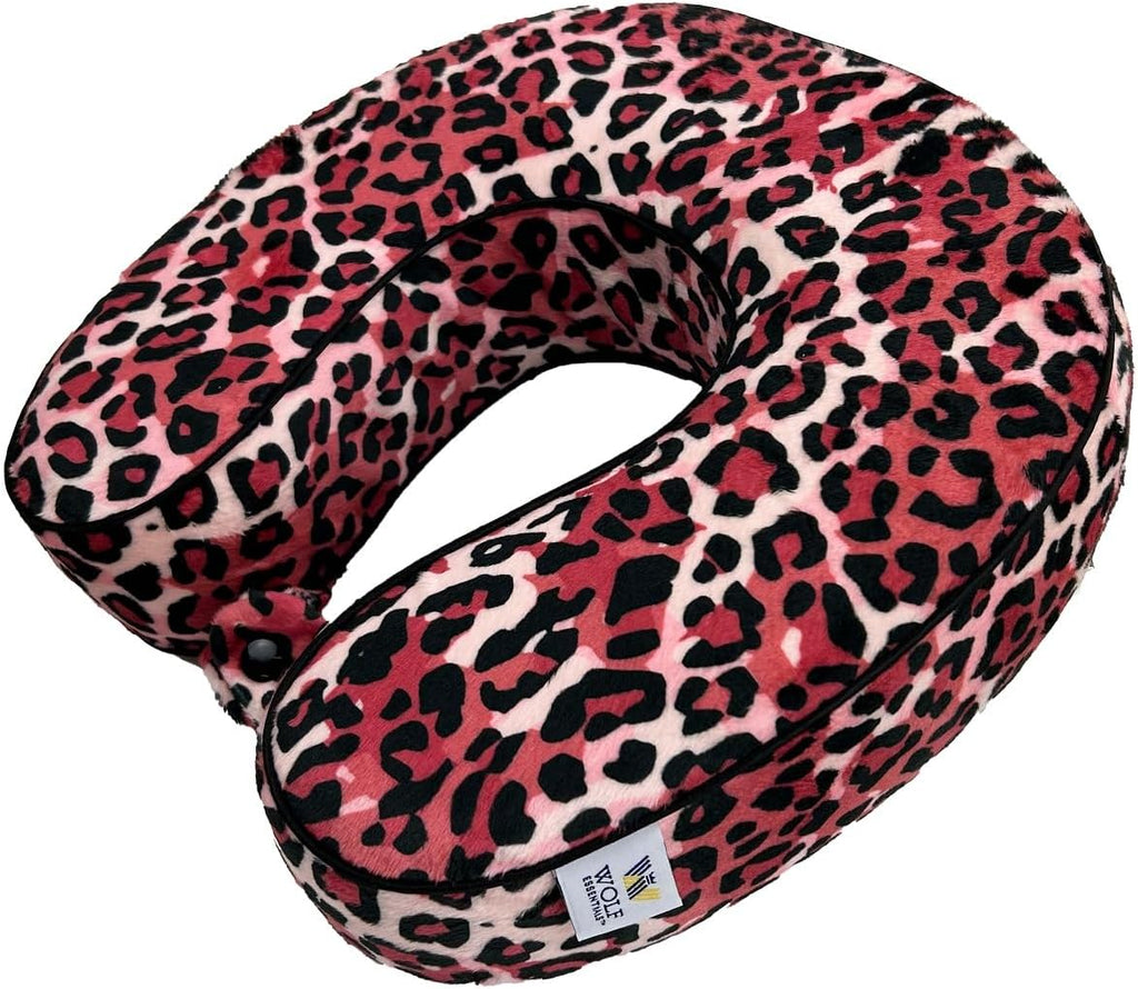 Wolf Essentials Adult Soft Memory Foam 11 x 11.5-inch Travel Neck Pillow, Compact, Perfect for Plane or Car, Pink Leopard