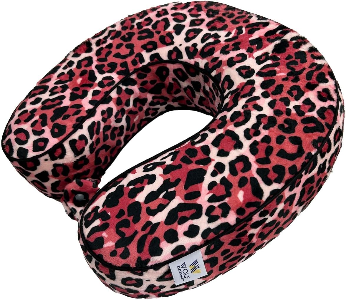 Wolf Essentials Adult Soft Memory Foam 11 x 11.5-inch Travel Neck Pillow, Compact, Perfect for Plane or Car, Pink Leopard