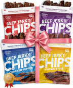 Beef Jerky Chips Variety Pack, 4 Pack | Unique Crispy Texture, Up to 28g of Protein Per Bag, Bold Flavors Include Cracked Pepper, Teriyaki, Roasted Red Pepper & Korean BBQ | Jerky Gifts, Gift for Mom