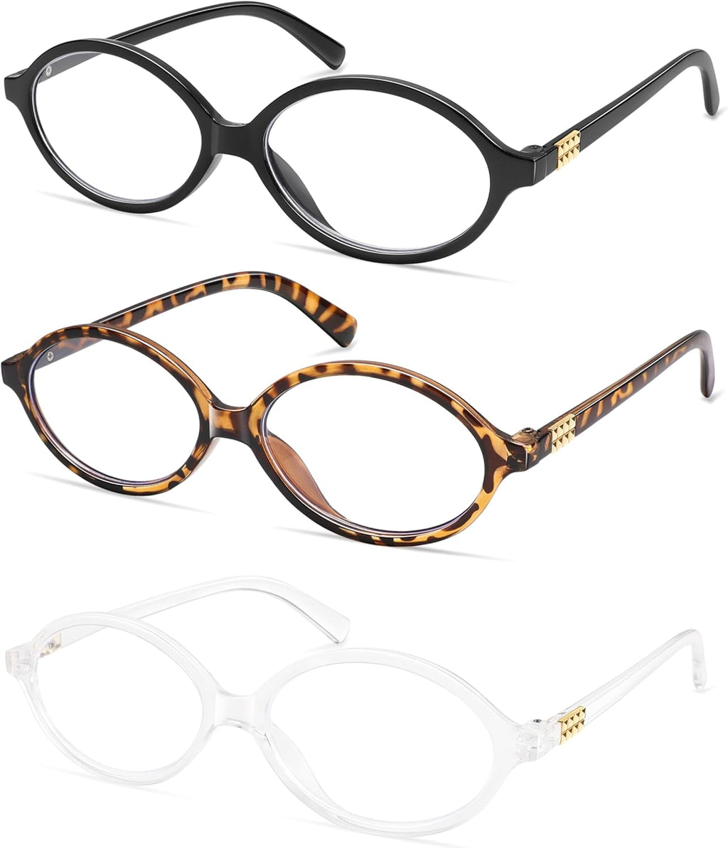 AMOMOMA Trendy Oval Reading Glasses for Women,Men Blue Light Blocking Computer Readers Retro Metal Frame AM6167