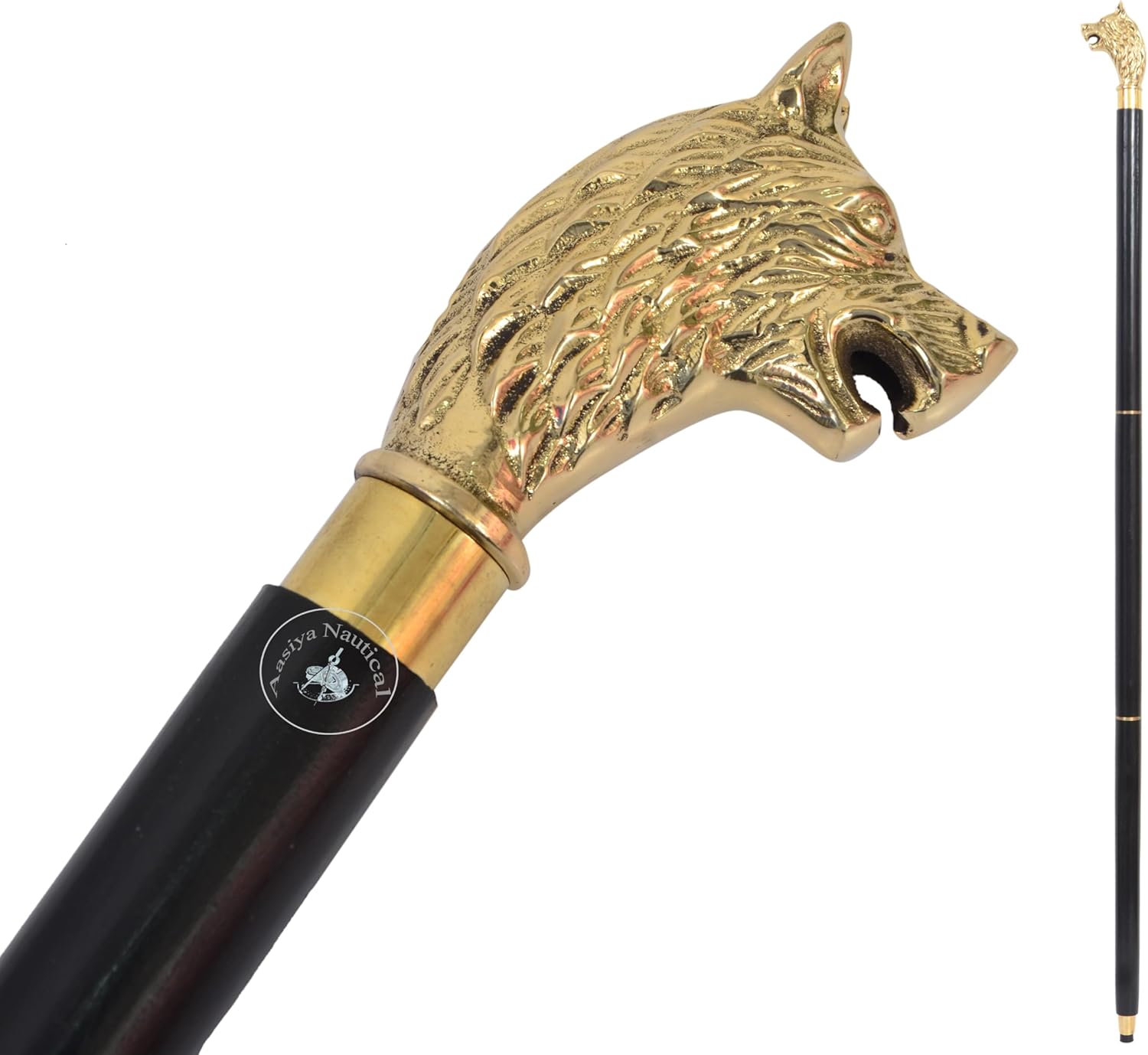 Solid Brass Wolf Head Handle Wooden Walking Stick Cane Vintage Designer Handmade an