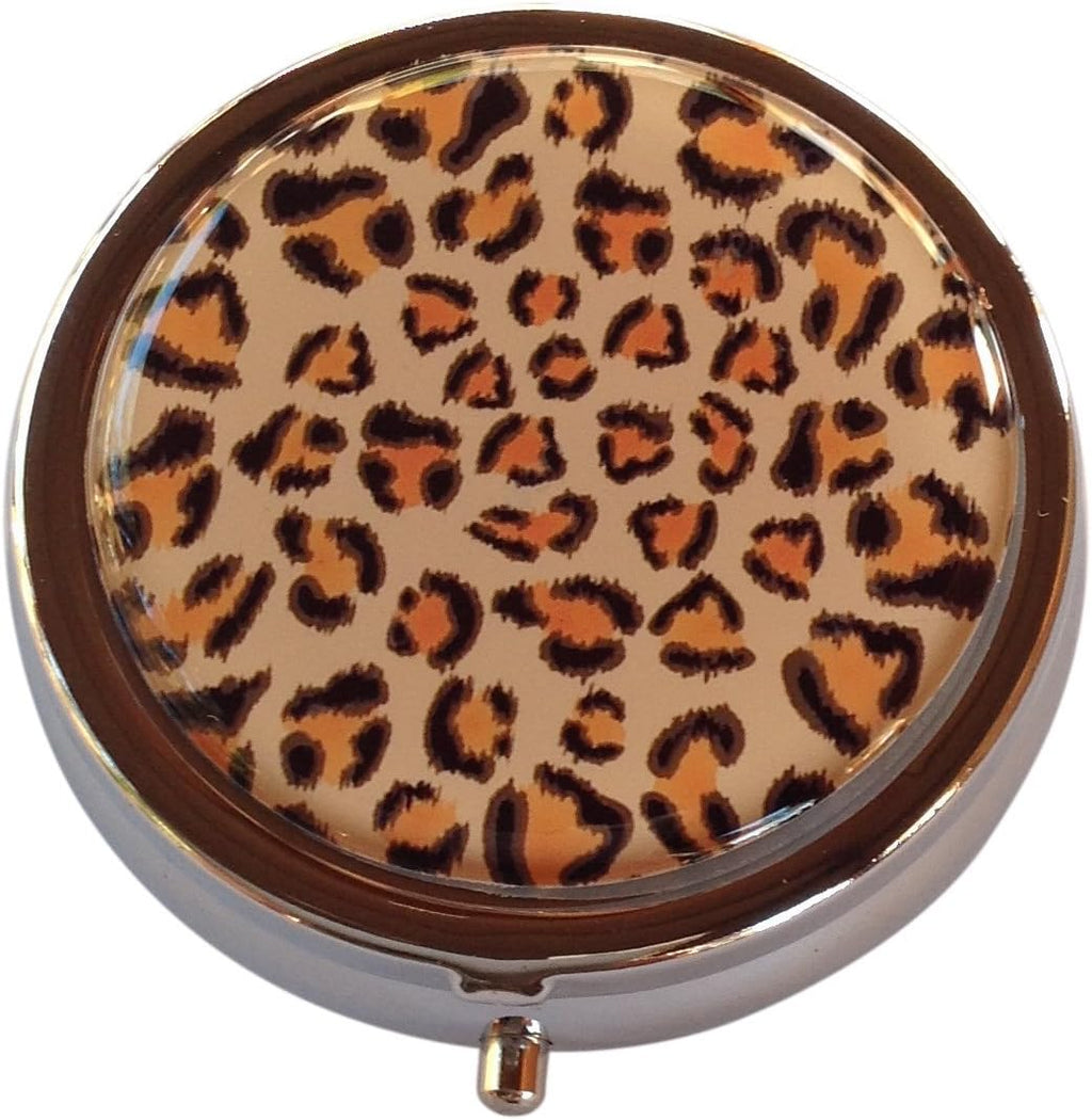 Leopard Print Round 3-Compartment Chrome Pill Box – Metal Travel Medicine Organizer for Pills, Vitamins, and Small Items – Durable, Compact Pill Case