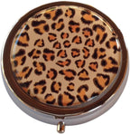 Leopard Print Round 3-Compartment Chrome Pill Box – Metal Travel Medicine Organizer for Pills, Vitamins, and Small Items – Durable, Compact Pill Case