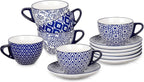 Selamica Ceramic 8 oz Cappuccino Cup Set with Saucers, Espresso Coffee Cups, Latte Macchiato for Party Cafe Home, Set of 6, Vintage Blue