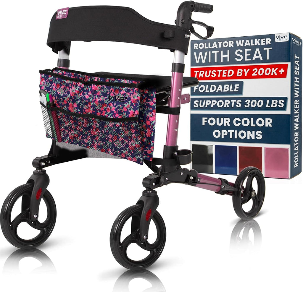 Vive Mobility Rollator Walker with Seat - Folding 4 Wheel Medical Rolling Walker with Bag - Mobility Aid for Adult, Senior, Elderly & Handicap - Aluminum Transport Chair