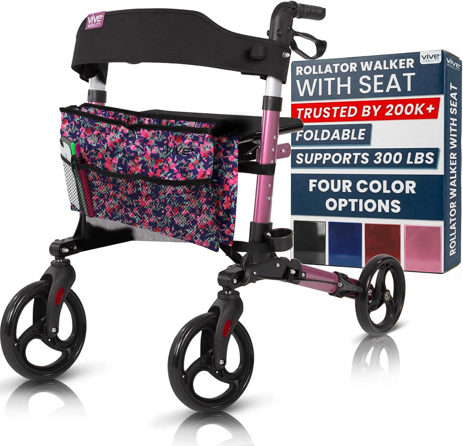 Vive Mobility Rollator Walker with Seat - Folding 4 Wheel Medical Rolling Walker with Bag - Mobility Aid for Adult, Senior, Elderly & Handicap - Aluminum Transport Chair