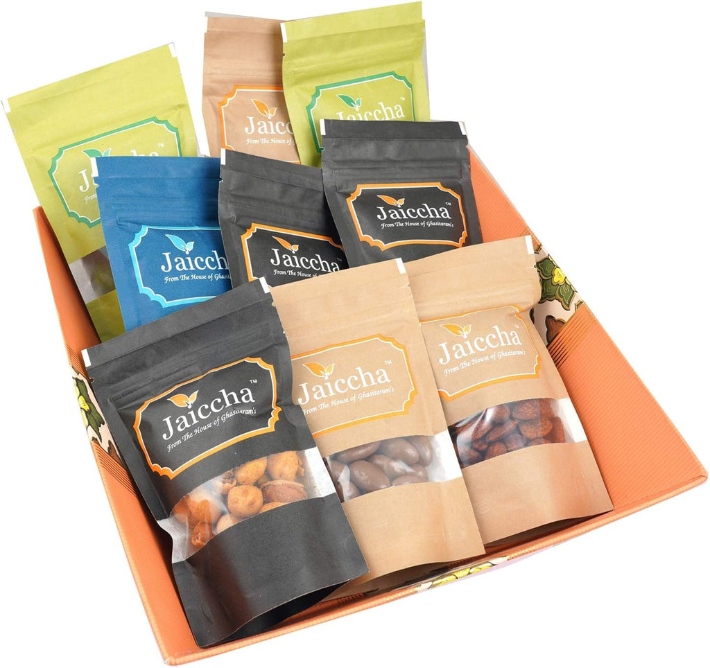 Jaiccha Ghasitaram Diwali Gifts - Diwali Gifts Big Basket of 9 Dryfruits Cashews, Almonds, Raisins, Pista, Papaya, Kiwi, Peri Almonds, Barbeque Cashews, Chocolate Almonds