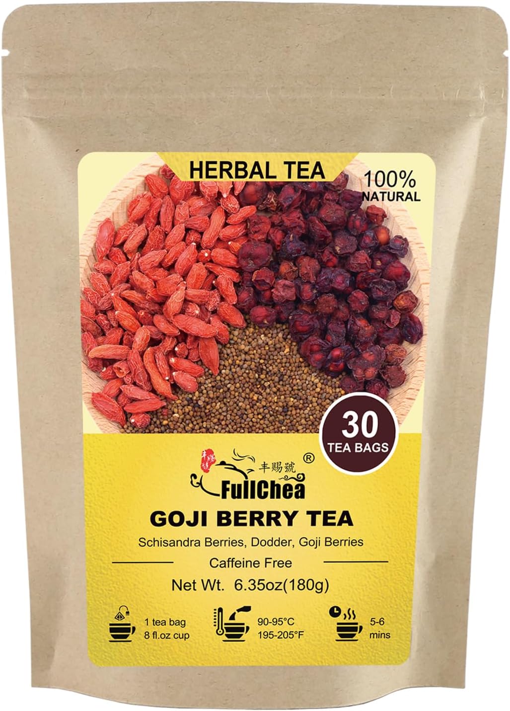 FullChea - Goji Berry Tea, 30 Count X 6g - Premium Five Flavors Herbal Tea Combination - Schisandra Berries, Dodder, Wolfberry
