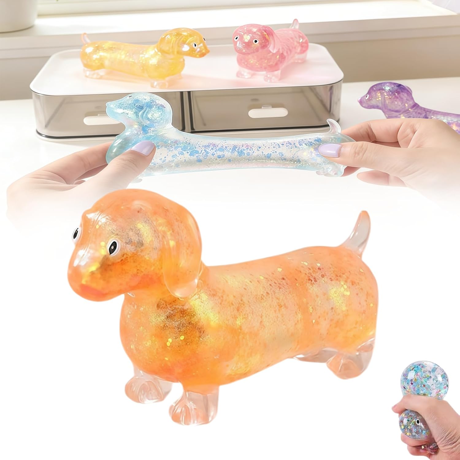 Dachshund Squishy Glitter Wiener Dog Squishy with Face for Adults (Orange)