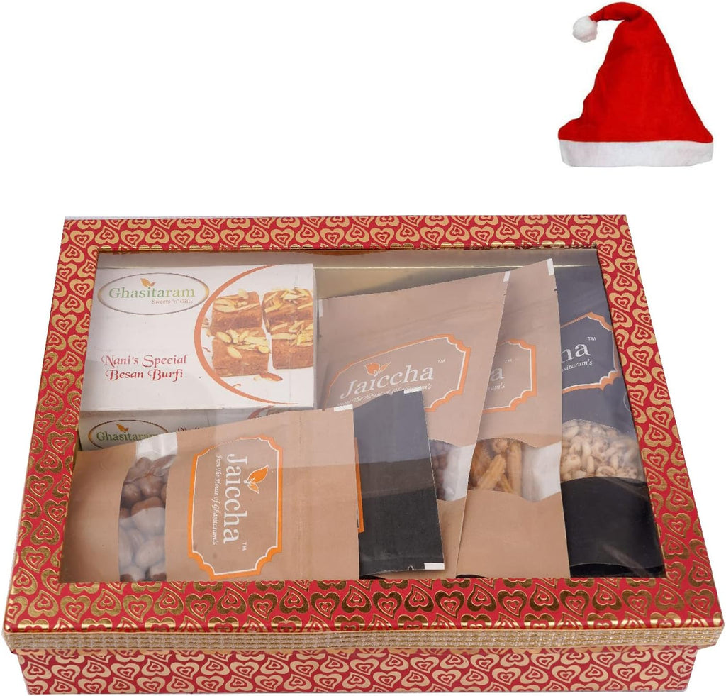 Jaiccha Ghasitaram Christmas Gifts Hamper Box 6 Goodies with Besan Barfi