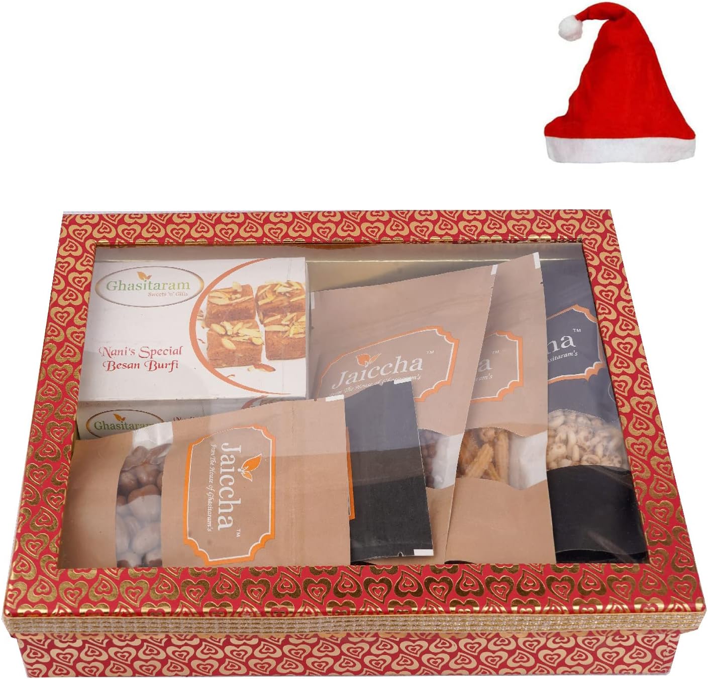 Jaiccha Ghasitaram Christmas Gifts Hamper Box 6 Goodies with Besan Barfi
