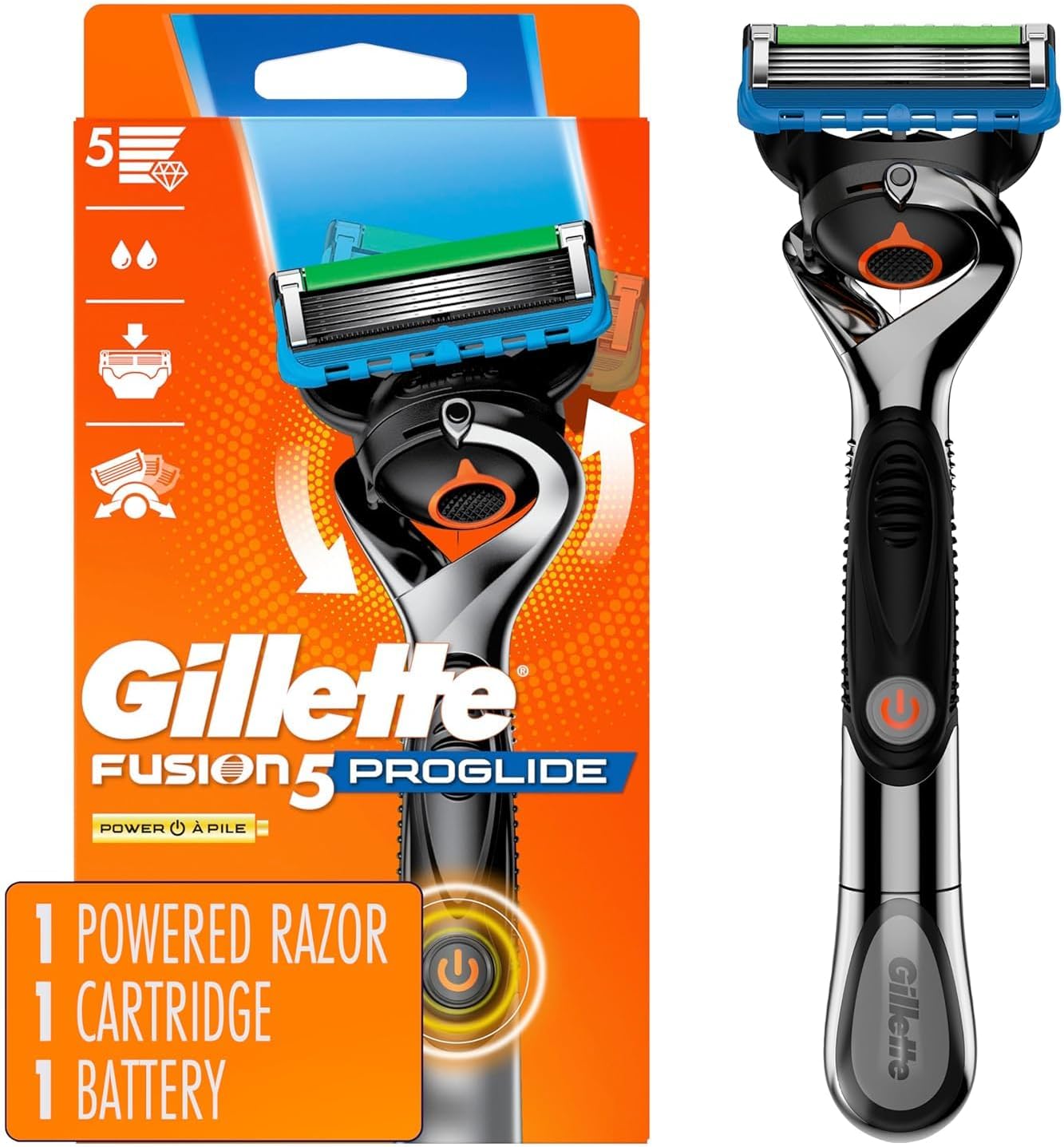 Gillette ProGlide Power Razor for Men, 1 Gillette Power Razor Handle + 1 Blade Refill